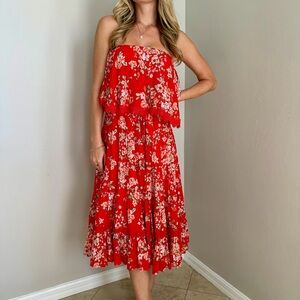 Lulus Red Floral Strapless Tiered Midi Dress - Summer Vacation / Wedding Guest
